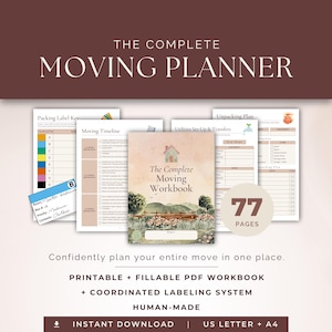 Op de afbeelding: Een digitale verhuisplanner-set met een werkboek getiteld The Complete Moving Workbook met een landschapsillustratie, naast pagina's voor labels, een tijdlijn en nutsvoorzieningen, in totaal 77 pagina's in A4-formaat.