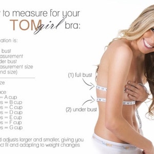 May include: Diagram showing how to measure for a bra. The text explains how to calculate bra size by subtracting underbust measurement from full bust measurement. The difference in inches determines the cup size. A woman is shown wearing a white bra and using a measuring tape to measure her bust.