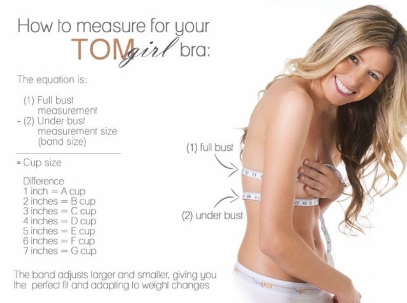 May include: Diagram showing how to measure for a bra. The text explains how to calculate bra size by subtracting underbust measurement from full bust measurement. The difference in inches determines the cup size. A woman is shown wearing a white bra and using a measuring tape to measure her bust.