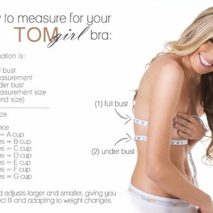May include: Diagram showing how to measure for a bra. The text explains how to calculate your bra size by subtracting your underbust measurement from your full bust measurement. The difference in inches determines your cup size. A woman is shown wearing a white bra and using a measuring tape to measure her bust.