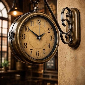 Op de afbeelding: Een dubbelzijdige wandklok met een ronde, bronskleurige metalen rand en een beige wijzerplaat met zwarte Arabische cijfers. De klok hangt aan een decoratieve, gebogen metalen beugel die aan een gestructureerde muur is bevestigd.