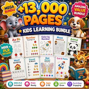 Peut inclure: Un ensemble d'apprentissage pour enfants comprenant 13 000 pages d'activités éducatives. L'image présente un éléphant, un chiot et une girafe, avec des feuilles d'exercices pour l'alphabet, les chiffres, le coloriage et les labyrinthes.