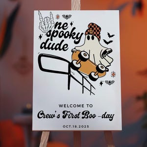 Editable Halloween Party Sign One Spooky Dude Birthday Welcome Sign • Boy 1st Birthday Trendy Retro Ghost • Printable, Editable Template