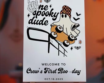 Editable Halloween Party Sign One Spooky Dude Birthday Welcome Sign • Boy 1st Birthday Trendy Retro Ghost • Printable, Editable Template