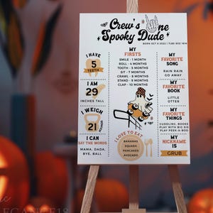 Cartaz de festa de aniversário de Halloween editável, placa de festa, um cara assustador • primeiro aniversário de menino, fantasma retrô moderno • modelo para impressão e edição