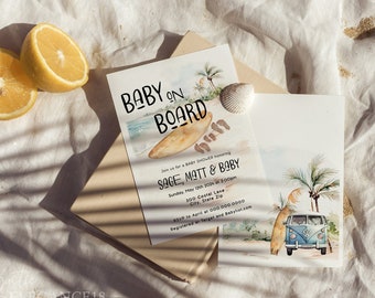 May include: A baby shower invitation with a beach theme. The invitation features a surfboard with the text "Baby on Board" and a blue and white van with palm trees in the background.
