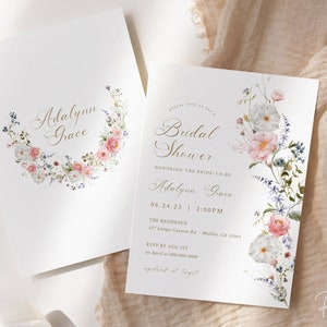 Wildflower Spring Bridal Shower Invite Template  • Minimalistic Floral Wedding Invite Template • Printable, Editable Template