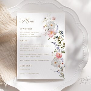 Wildblumen Hochzeit Menü Vorlage | Florale druckbare Menükarte 13x18 cm | Hochzeitsmenü druckbar, bearbeiten