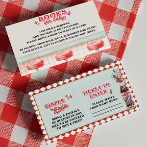 She&#39;s Ready To Pop Retro Diner • Neutral Baby Theme Diner Card Templates, Books for Baby, Diaper Raffle, Editable Template