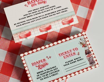 Retro Diner Baby Shower Cards • Diaper Raffle & Books (Editable Template)