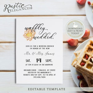 Puede incluir: Una invitación a un brunch de boda blanca con una ilustración de acuarela de un waffle. El texto dice "waffley wedded". La invitación incluye la fecha, la hora y el lugar del evento. También incluye los nombres de la pareja, Sr. y Sra. James, y la información de RSVP.