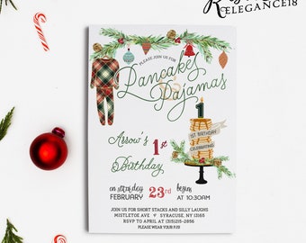 Pancakes and Pajamas Birthday Invitation, Christmas Pajama Party (Digital)
