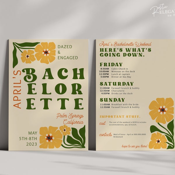 Palm Springs Bachelorette Invitation & Itinerary Template • Groovy Bachelorette Party Invite, Hen Party • Printable, Editable Template