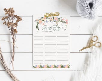 Printable Guest List Sign In Sheet // Guestbook Sign in Sheet // Bridal Shower Guest List // Greenery Botanical Foliage and Panties