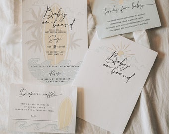May include: A baby shower invitation with a surfboard design and the text "Baby on board". The invitation is for a baby shower for Sage on October 15th at 1:00 PM. The invitation also includes a diaper raffle.