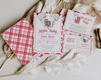 Op de afbeelding: Een rode en witte geruite envelop, een rode en witte uitnodiging met de tekst "santa baby" en de naam "Sage Rose", en twee rode en witte kaarten met de tekst "books for baby" en "diaper raffle".