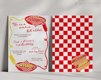 We're A Weenie Bit Older Birthday Invite • Twins Any Age Hot Dog Birthday Decor, A Weenie Bit Older Birthday • Editable Template