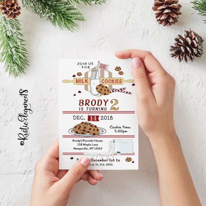 Milk and Cookies Birthday Invite Christmas Birthday Invite Hot Cocoa and Cookies 5x7 or 4x6 Inches