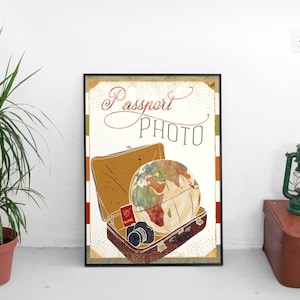 Passport Photo Sign.Vintage Print.Plane Print.Globe Print.Poster.8x10&quot;