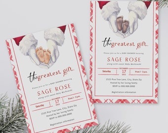 Peut inclure: Une invitation de fête prénatale rouge et blanche à carreaux avec une illustration aquarelle des mains du Père Noël tenant une paire de pieds de bébé. Le texte indique "Le plus beau cadeau." et "Sage Rose".