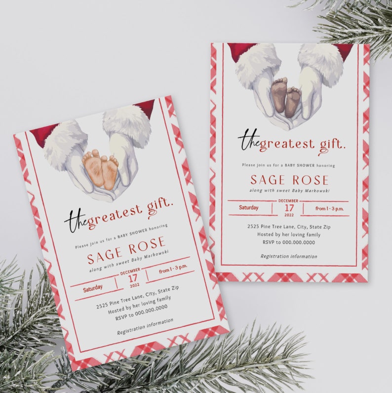 May include: A red and white plaid baby shower invitation with a watercolor illustration of Santa Claus's hands holding a pair of baby feet. The text reads "The greatest gift." and "Sage Rose".