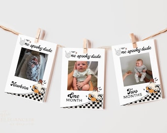 Halloween One Spooky Dude Birthday Photo Banner Template • Boy 1st Birthday Trendy Retro Ghost • Printable, Editable Favor Template OSDG01