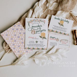 Pancakes and Pampers Baby Shower Invitation with Florals // Baby Shower // Whimsical // Baby Shower Template • Printable, Editable Template