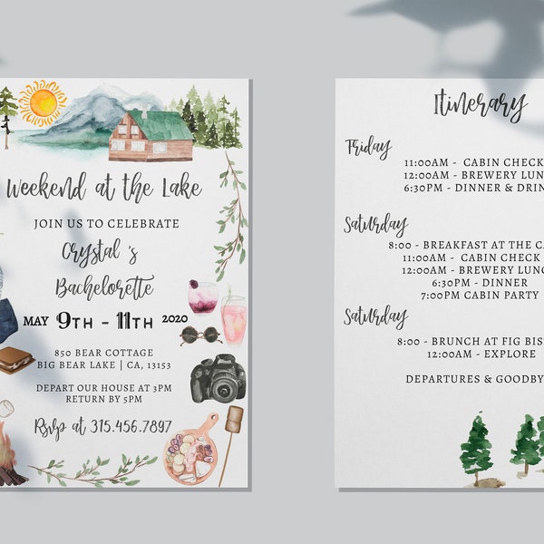 Summer Weekend At The Lake Invitation & Itinerary Template  • Bachelorette Camping Invite • INSTANT DOWNLOAD • Printable, Editable Template