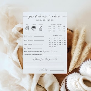 Tarjeta de predicciones y consejos para baby shower • Juego de baby shower imprimible y editable • Plantilla minimalista para baby shower • Fantasía