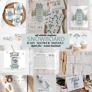 Könnte beinhalten: Eine Sammlung von Babyparty-Vorlagen mit Winterthema. Die Designs umfassen Einladungen, Essensetiketten, Dankeskarten und einen Kalender. Die Farbpalette umfasst Blau-, Grün- und Weißtöne mit Illustrationen von Bäumen und Schneeflocken.