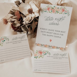 Modèle de carte de date de nuit | Floral Spring Bridal Shower Newlywed Date Night Card Insert | Date Night Ideas Game Sign DIY | Pêches & Crème