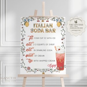 May include: Printable sign for an Italian Soda Bar with a floral border and a glass of Italian soda with whipped cream. The sign says "Fill your cup 1/2 with ice, add 2-3 squirts of syrup, add in sparkling soda, splash of cream, top with whipped cream, Enjoy!"