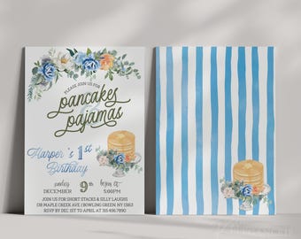 Invitación para fiesta de cumpleaños de panqueques y pijamas • Plantilla imprimible y editable • Invitación para desayuno