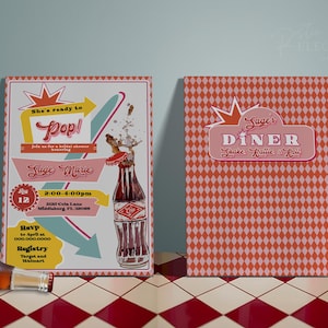 Bereit zum Pop Babyparty einladen • Babyparty bearbeitbar digitale Einladung • Neutrales Baby Thema, Retro Diner