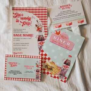 Sie ist bereit, Babyparty einladen zu knallen • Retro Diner Babyparty bearbeitbare digitale Einladung • Neutrales Baby Thema Diner • CoEd Baby Shower Set