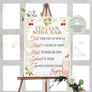 Puede incluir: Un cartel imprimible para una barra de soda italiana con instrucciones sobre c&oacute;mo hacer la bebida. El cartel presenta un marco dorado con limones y cerezas, y un vaso de soda rosa con crema batida.