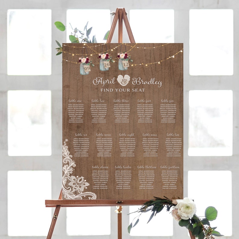 BRITTANY Rustic Wedding Seating Chart Template Mason Jars | Etsy