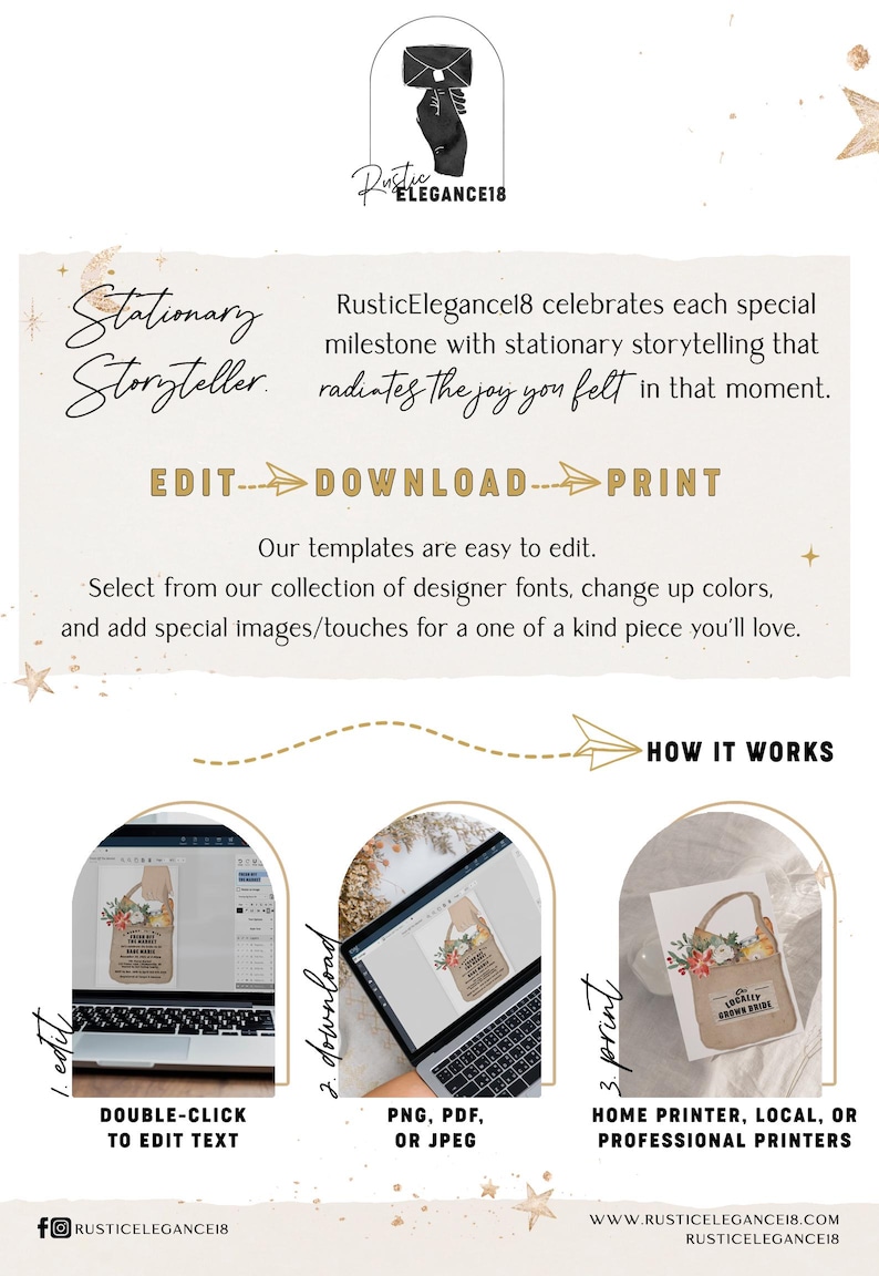 May include: A digital illustration of a brown paper bag with a floral design and the text "Locally Grown & Made" on it. The image is used to illustrate how to edit and print a digital download.