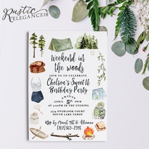 May include: A watercolor illustration of a camping themed invitation for a Sweet 16 birthday party. The invitation features a tent, trees, a campfire, a canoe, a backpack, a sandwich, and a plate of pancakes. The text on the invitation reads "Weekend in the woods, Join us to celebrate Chelsea's Sweet 16 Birthday Party, Friday April 5th 2019, at 5:00pm in the evening, 3774 Overlook Court, South Lake Tahoe, RSVP by March 9th to Adrienne (707) 365-2594".