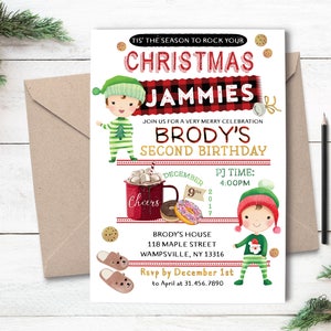 Christmas PJ Jammies Birthday Invite //  Christmas Birthday Invite // Hot Cocoa and Donuts // 5x7 or 4x6 Inches