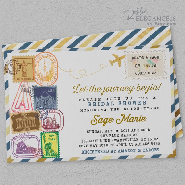 Travel Stamp Invite Design |  Bridal Shower Invitation |   • INSTANT DOWNLOAD • Printable, Editable Template [id:1336473] T2