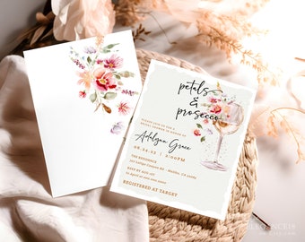Puede incluir: Una invitación blanca con un diseño floral de acuarela y el texto "pétalos & prosecco". La invitación es para una despedida de soltera en honor a Adelyan Grace el 24 de junio de 2023 a las 2:00 PM en The Residence, 327 Latigo Canyon Rd., Malibu, CA 90265. RSVP antes del 1 de agosto a April al 000.000.0000. Registrado en Target.