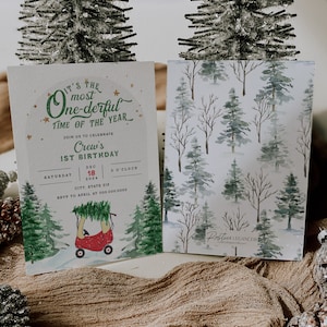 It’s the most ONEderful time of the year | First birthday invitation winter Christmas party | Cozy Coupe Little Car with Christmas tree