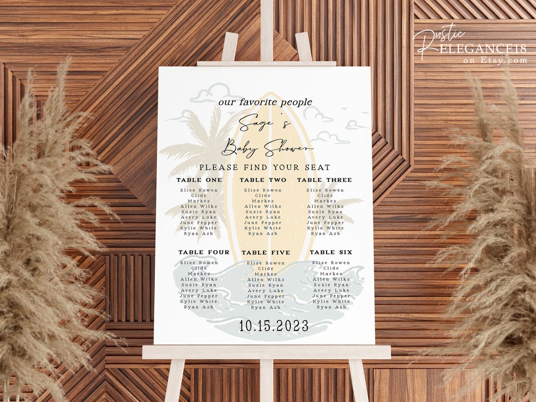 Surf Java Seating Plan Baby on Board | Editable Seating Chart, Surf Beach Baby Shower Seating ...