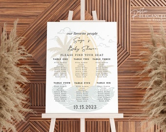 May include: A white seating chart for a baby shower with a surfboard and palm trees graphic. The chart lists the names of guests and their assigned tables. The text reads "Our favourite people, Sage's Baby Shower, Please find your seat, Table One, Table Two, Table Three, Table Four, Table Five, Table Six, 10.15.2023".