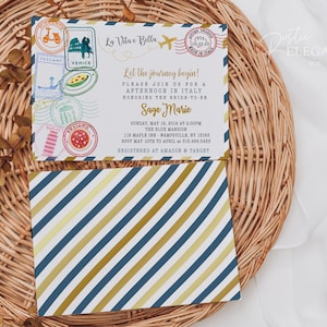 Invitación al Baby Shower de Italia // Sellos postales de Italia // Baby Shower de viaje