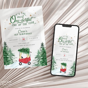 It’s the most ONEderful time of the year Evite | First birthday invitation winter Christmas party, Cozy Coupe Little Car with Christmas tree