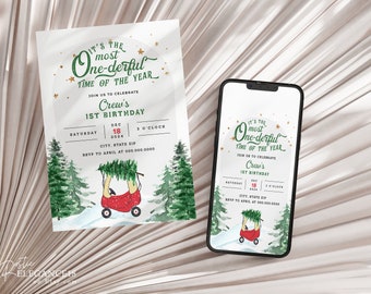 Winter ONEderful Birthday Invitation | Cozy Coupe Christmas Tree (Digital)