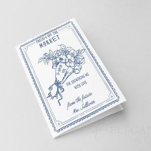 Carte de remerciement fraîchement sortie du marché • Modèle de menu dessiné à la main pour la douche nuptiale Farmers Market • Carte pliée modifiable sur le thème du mariage fantaisiste