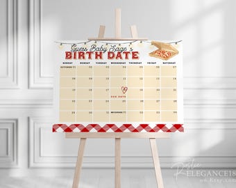 May include: A printable calendar with a red and white checkered border. The calendar is for guessing a baby's birth date. The text says "Guess Baby Sage's Birth Date". The due date is marked with a heart.